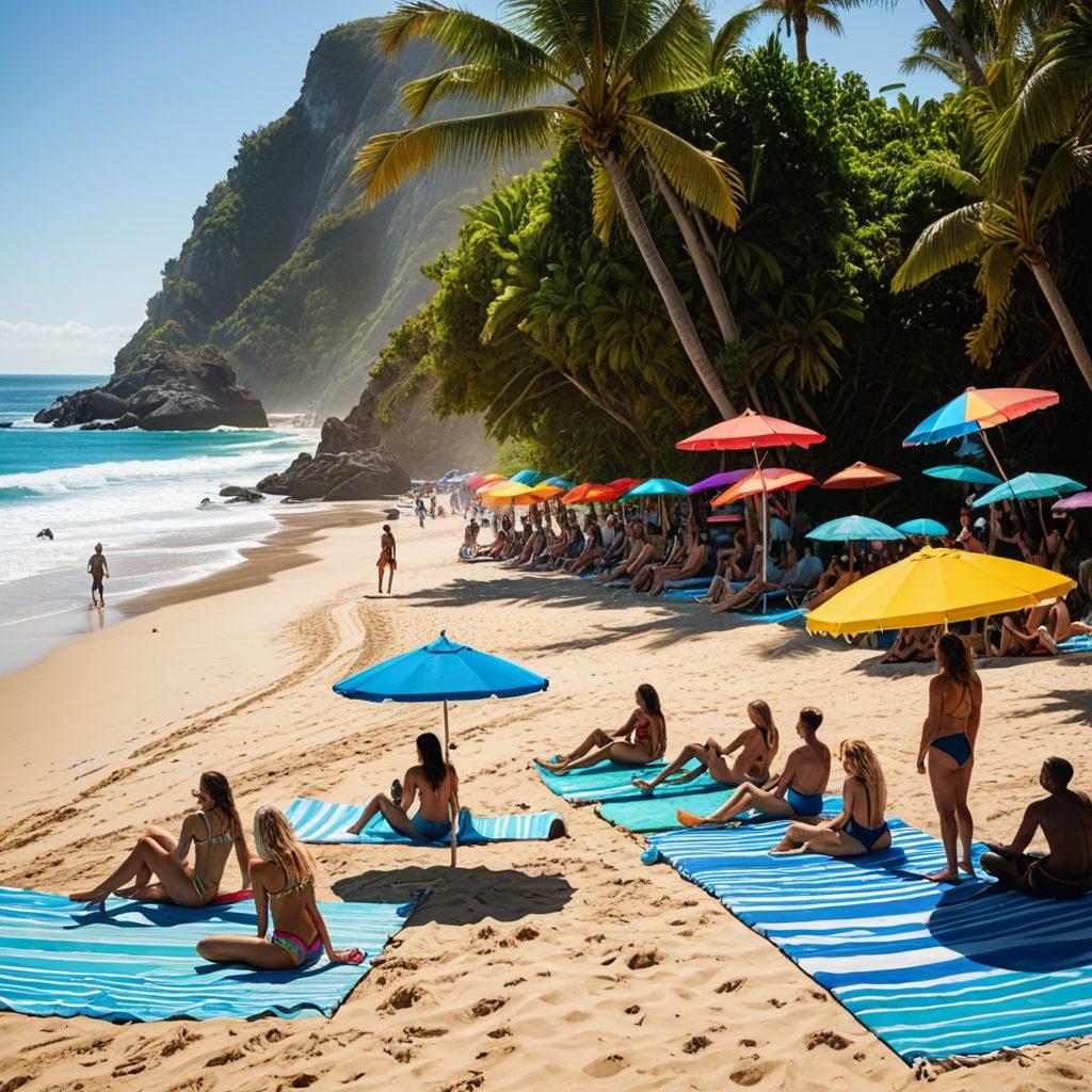 A vibrant beach scene showcasing a diverse group of people in stylish swimwear, engaging in various beach activities like surfing, beach volleyball, and sunbathing. Include colorful beach umbrellas, a clear blue ocean, and vibrant tropical plants in the background, emphasizing versatility in swimwear styles. Highlight different silhouettes and patterns to represent inclusivity. super-realistic. vibrant colors. sunny day.